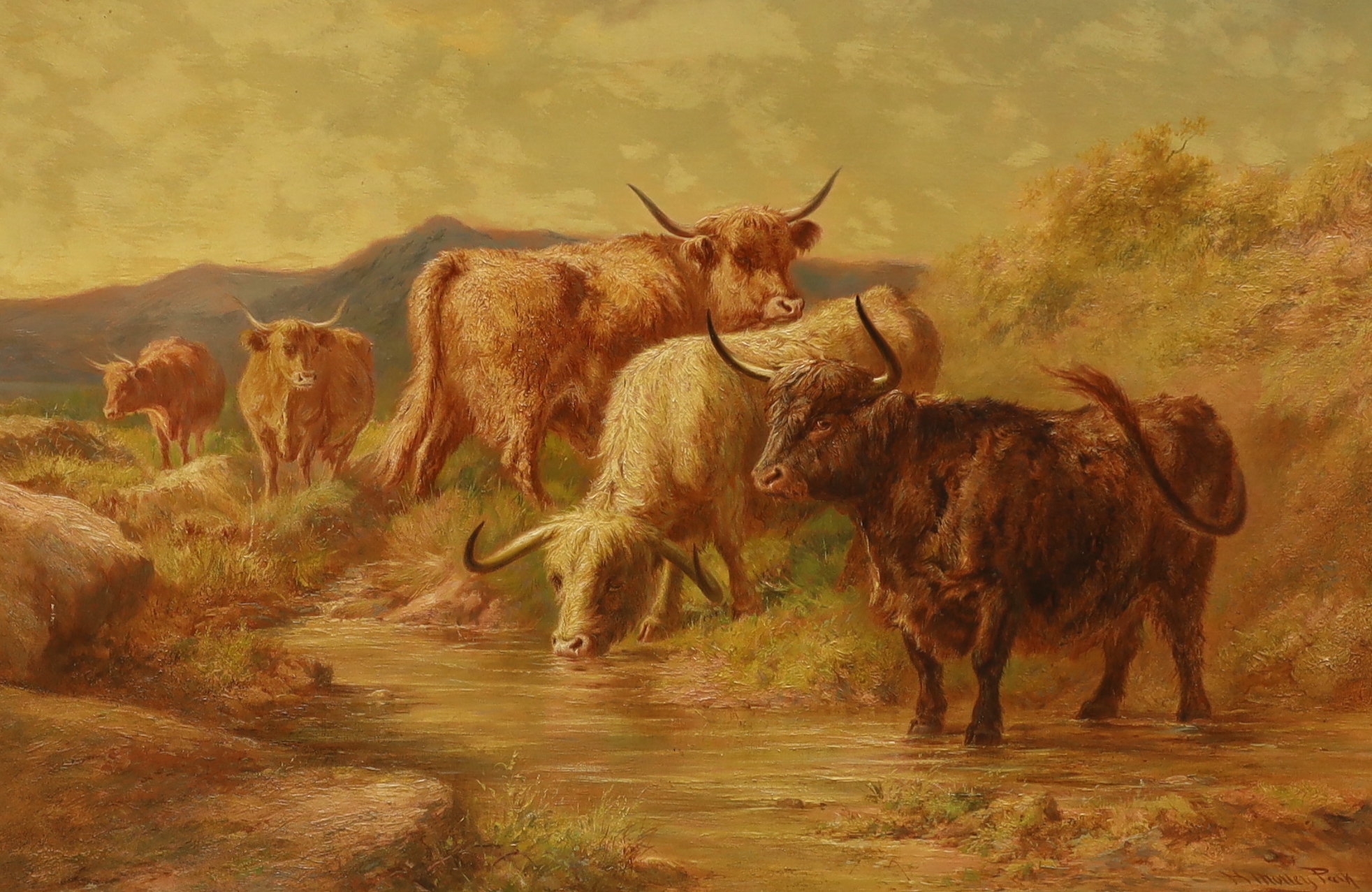 Henry Morley Park (fl. 1884-1895), oil on canvas, Highland Cattle watering, signed, stamp verso, 89 x 59cm